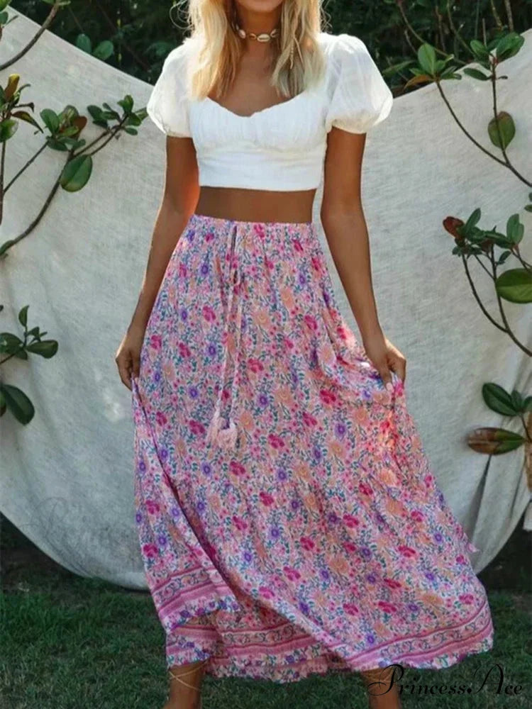 Antique Rose Flower Pattern Divided Seaside Bohemian Long Skirt