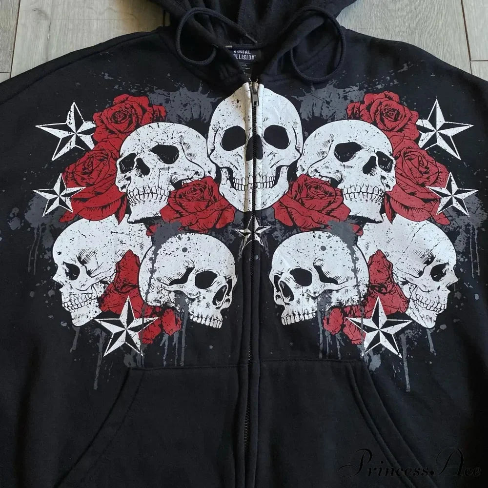 Antique Skull Flower Print Hoodie