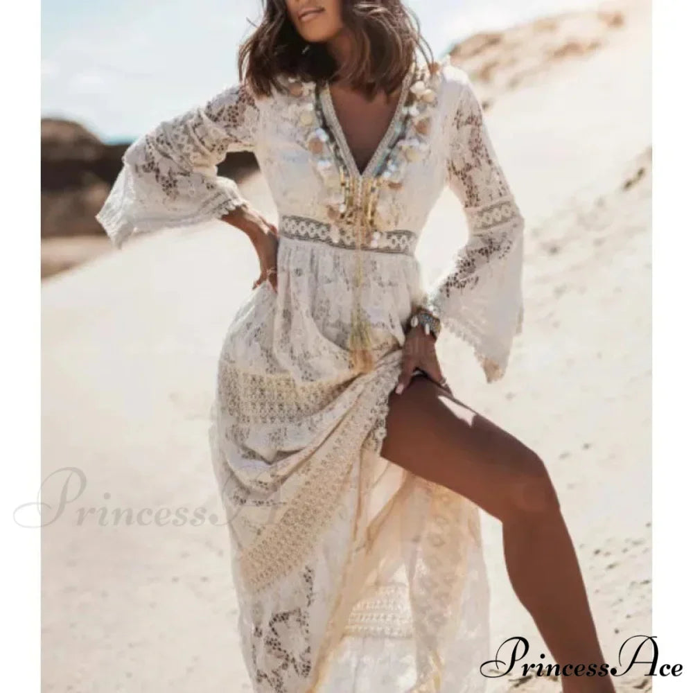 Boho Ivory Crimson Maxi Dress