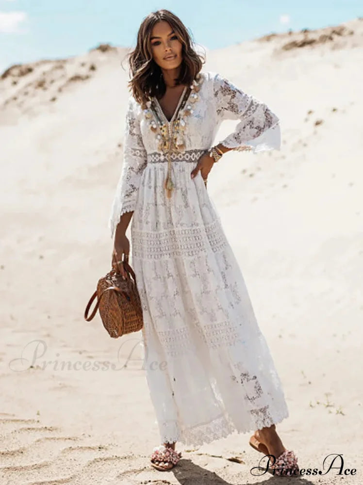 Boho Ivory Crimson Maxi Dress