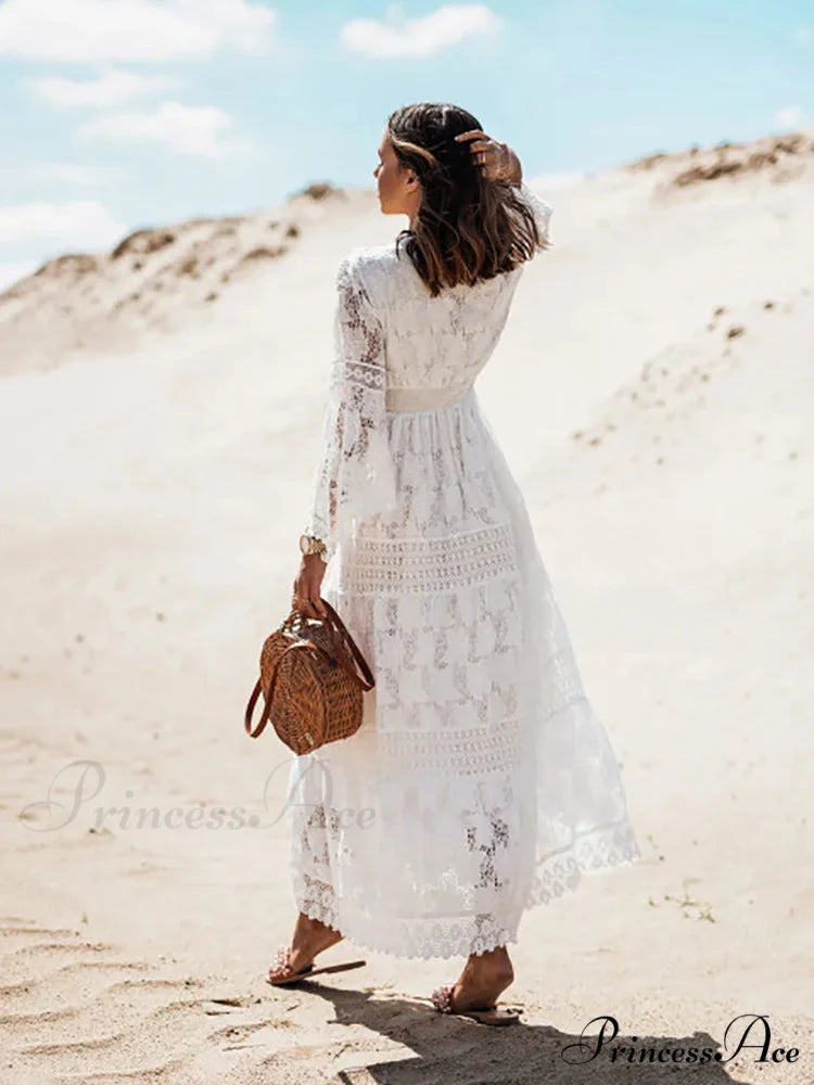 Boho Ivory Crimson Maxi Dress