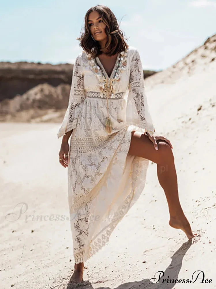 Boho Ivory Crimson Maxi Dress