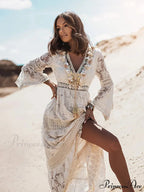 Boho Ivory Crimson Maxi Dress