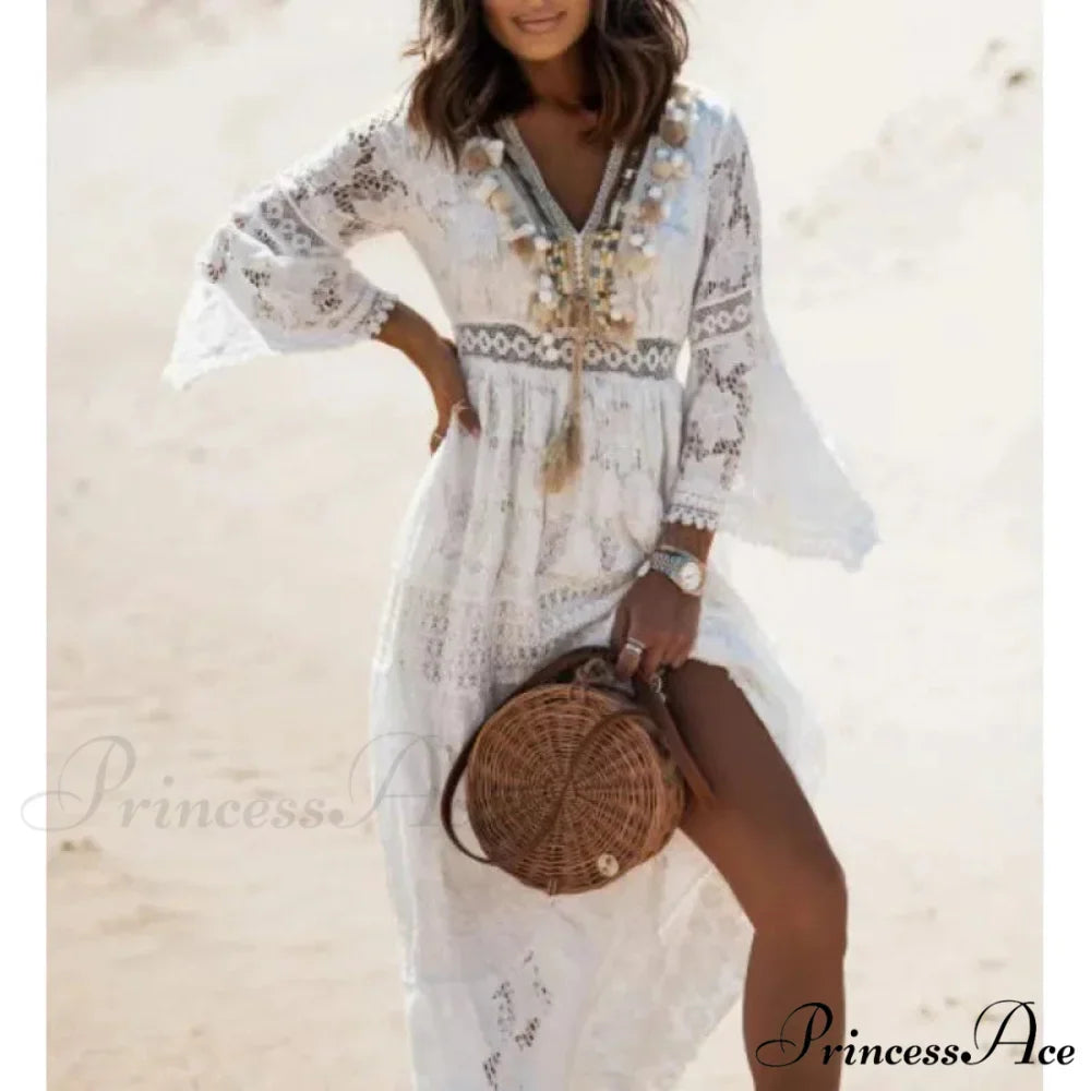 Boho Ivory Crimson Maxi Dress