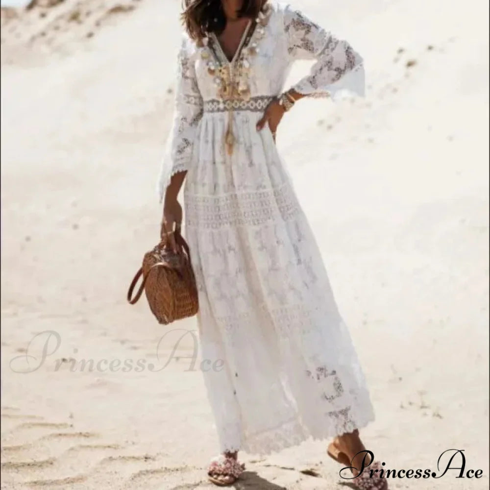 Boho Ivory Crimson Maxi Dress