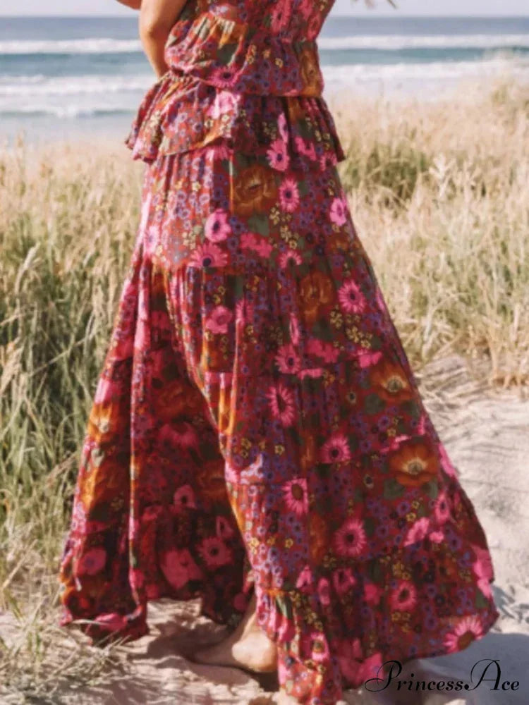 Antique Style Bohemian Crimson Floral Pattern Seaside Extended Skirt