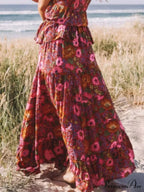 Antique Style Bohemian Crimson Floral Pattern Seaside Extended Skirt