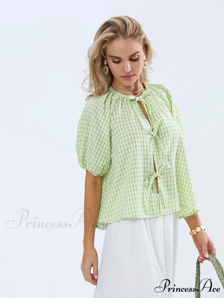 Antique Tartan Lace-Up Blouse