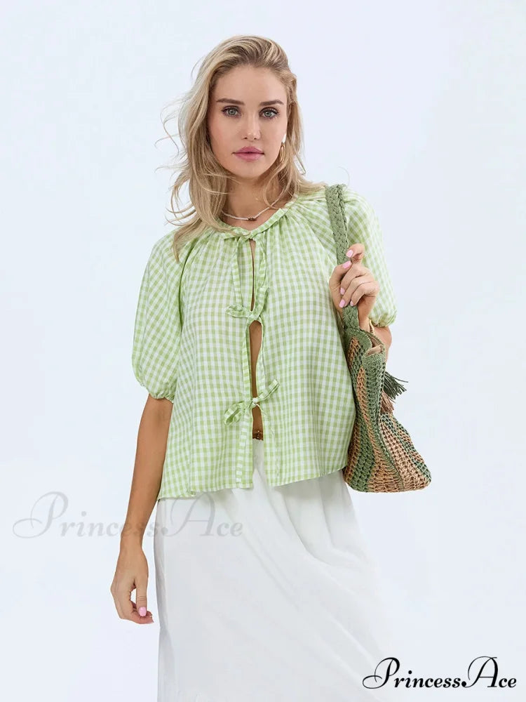 Antique Tartan Lace-Up Blouse