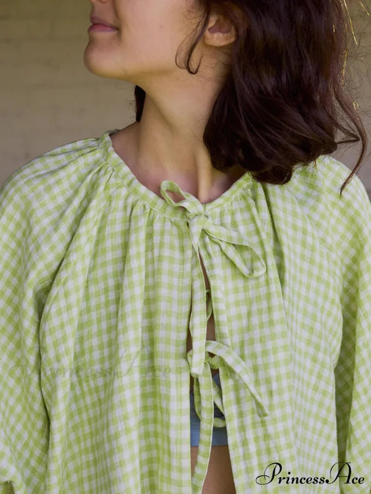 Antique Tartan Lace-Up Blouse