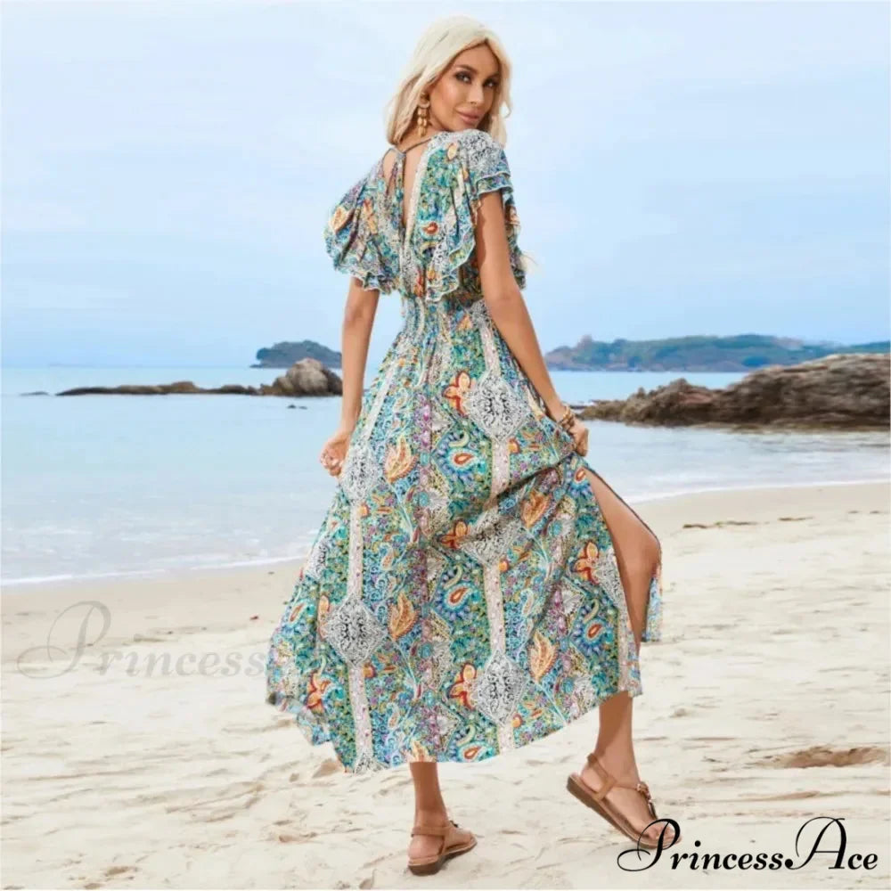 Antique Tie Up Flowery Seaside Dress