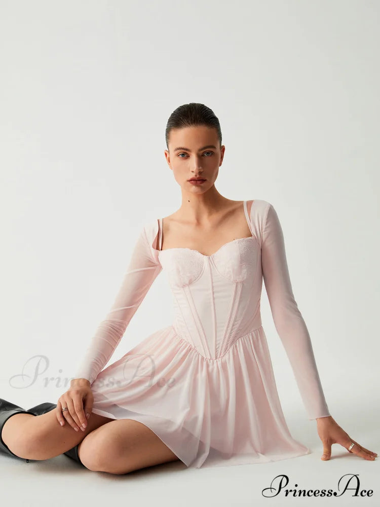 Aphrodite Mesh Bustier Corset Modern Long Sleeve Short Dress