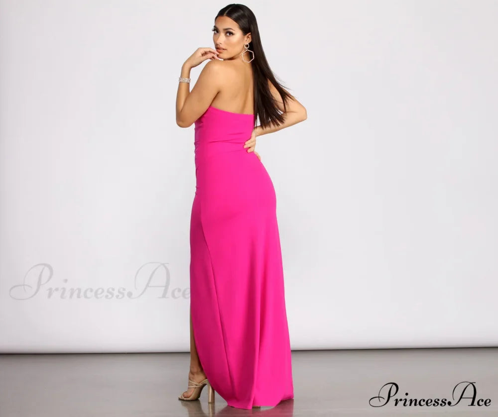 April Front Slit Charming Strapless Crepe Dress