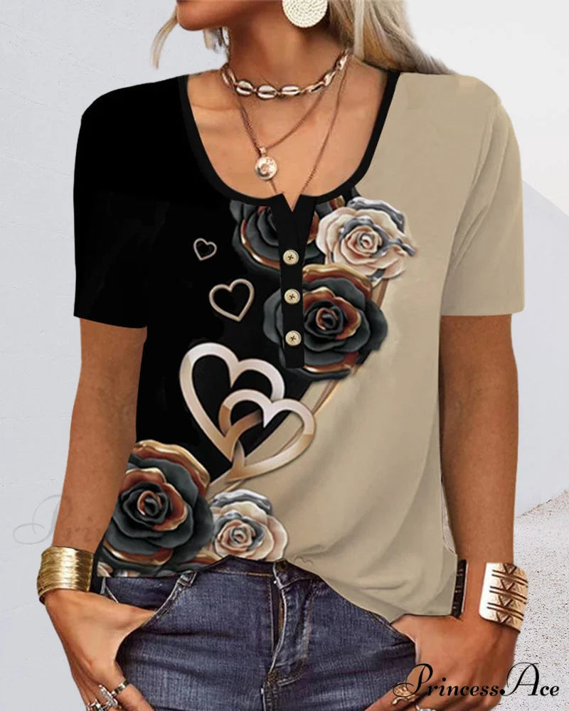 Arm Patterned U-Neck Brief Button Blouse