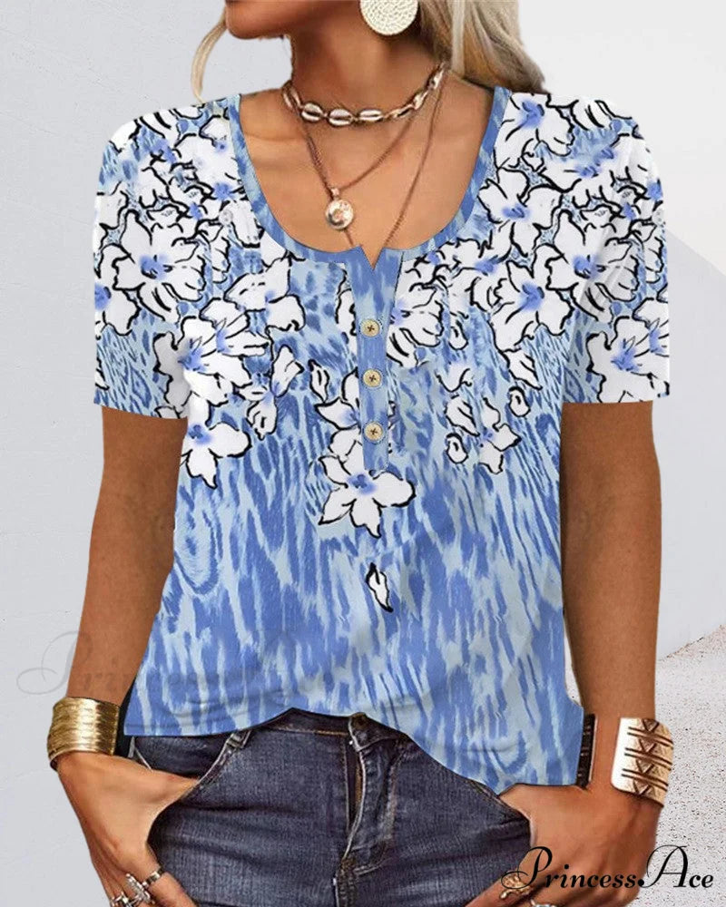 Arm Patterned U-Neck Brief Button Blouse