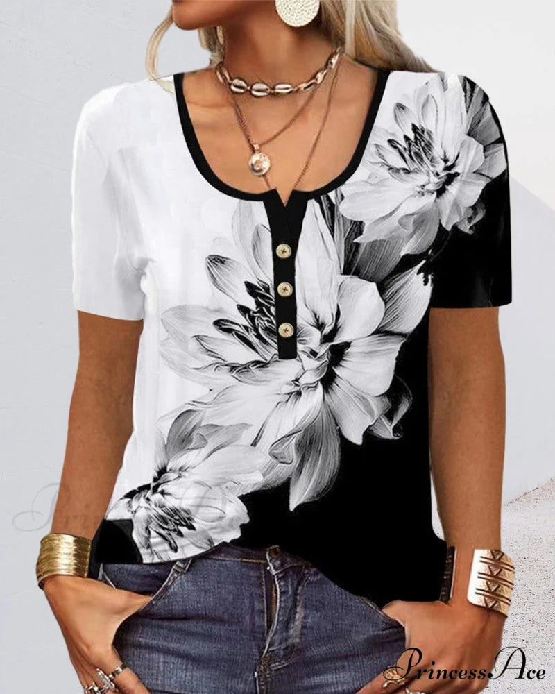 Arm Patterned U-Neck Brief Button Blouse
