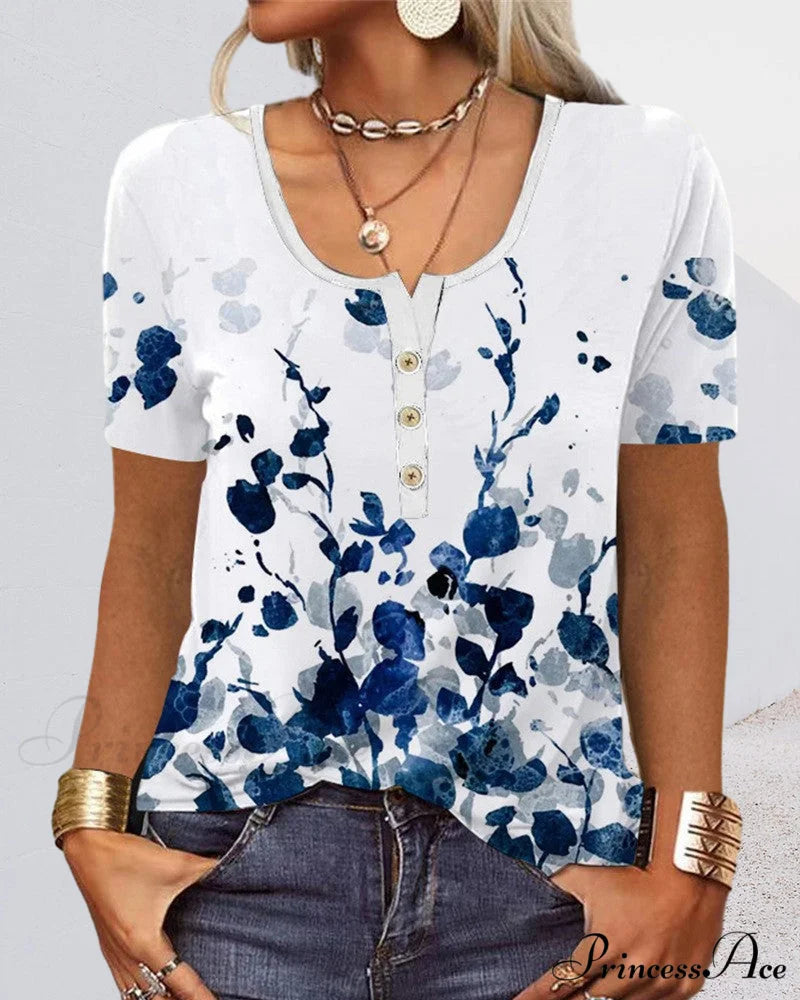 Arm Patterned U-Neck Brief Button Blouse