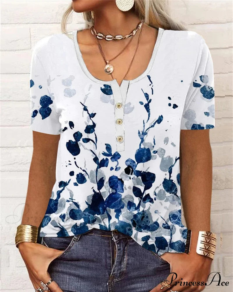 Arm Patterned U-Neck Brief Button Blouse