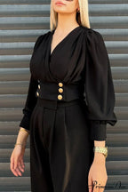 Arm Smocked Puff Neck V Top