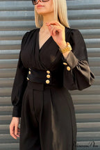 Arm Smocked Puff Neck V Top