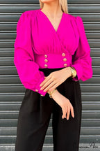 Arm Smocked Puff Neck V Top