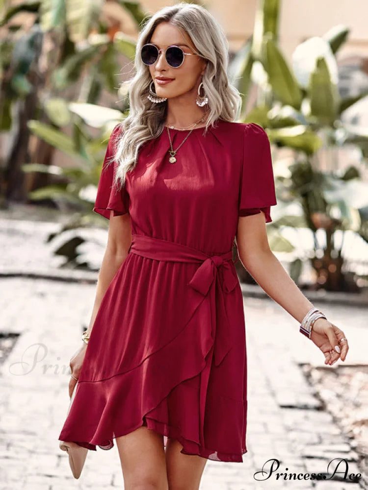 Arm Tie Hem for Flutter Waist Color Ruffle Solid Gown Women
