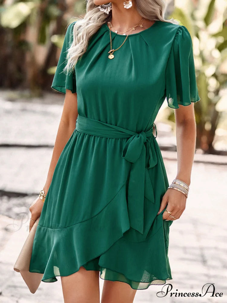 Arm Tie Hem for Flutter Waist Color Ruffle Solid Gown Women