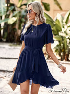 Arm Tie Hem for Flutter Waist Color Ruffle Solid Gown Women