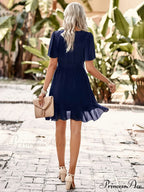 Arm Tie Hem for Flutter Waist Color Ruffle Solid Gown Women