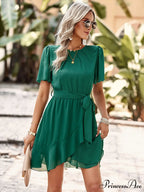 Arm Tie Hem for Flutter Waist Color Ruffle Solid Gown Women