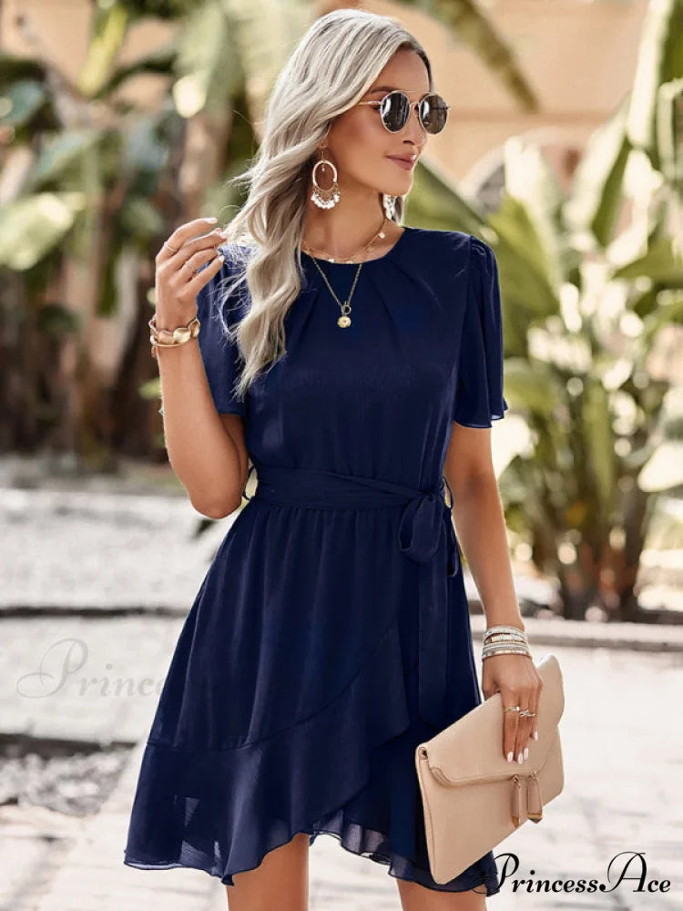 Arm Tie Hem for Flutter Waist Color Ruffle Solid Gown Women