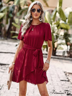 Arm Tie Hem for Flutter Waist Color Ruffle Solid Gown Women