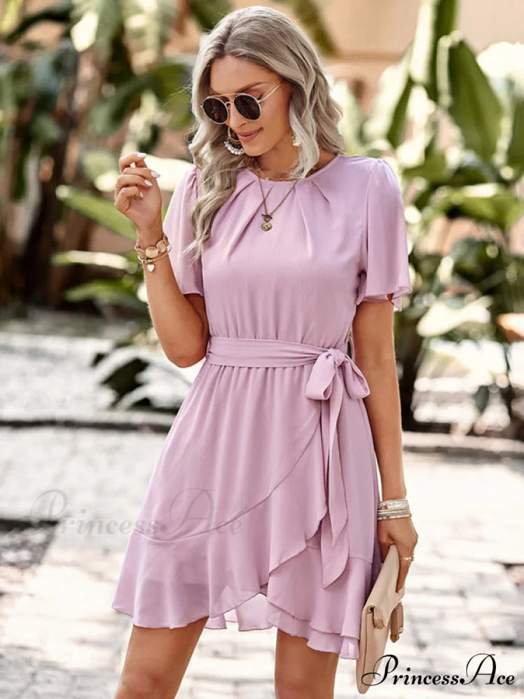 Arm Tie Hem for Flutter Waist Color Ruffle Solid Gown Women