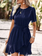 Arm Tie Hem for Flutter Waist Color Ruffle Solid Gown Women