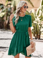 Arm Tie Hem for Flutter Waist Color Ruffle Solid Gown Women