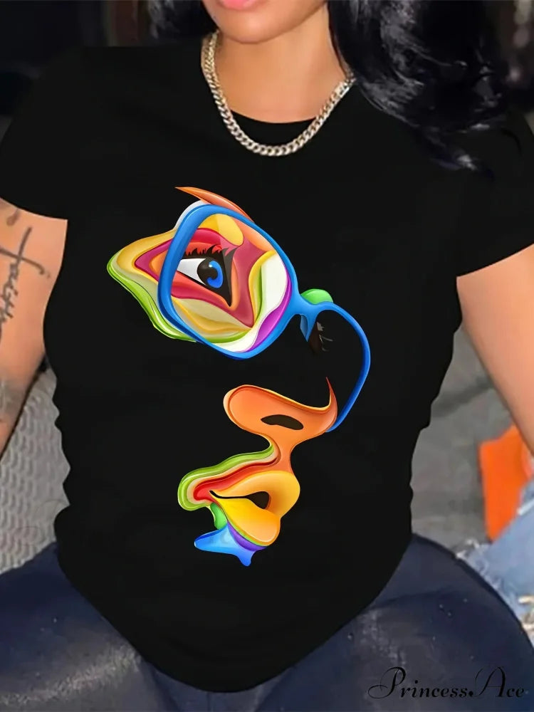 Artistic Abstract Face Tee - Casual Non-Sheer Summer Crew Neck 100% Polyester Easy-Care T-shirt