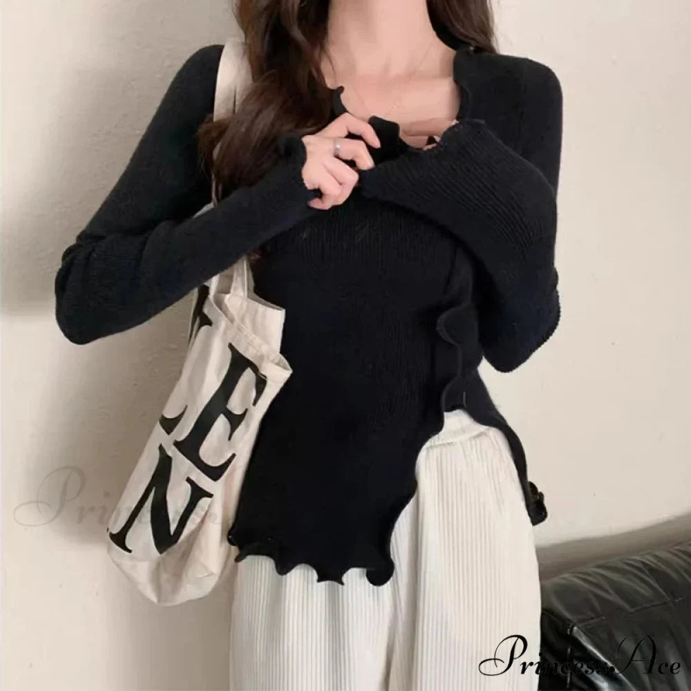 Artistic Irregular Frills Knit Crop Solid Extended Sleeve Knit Top