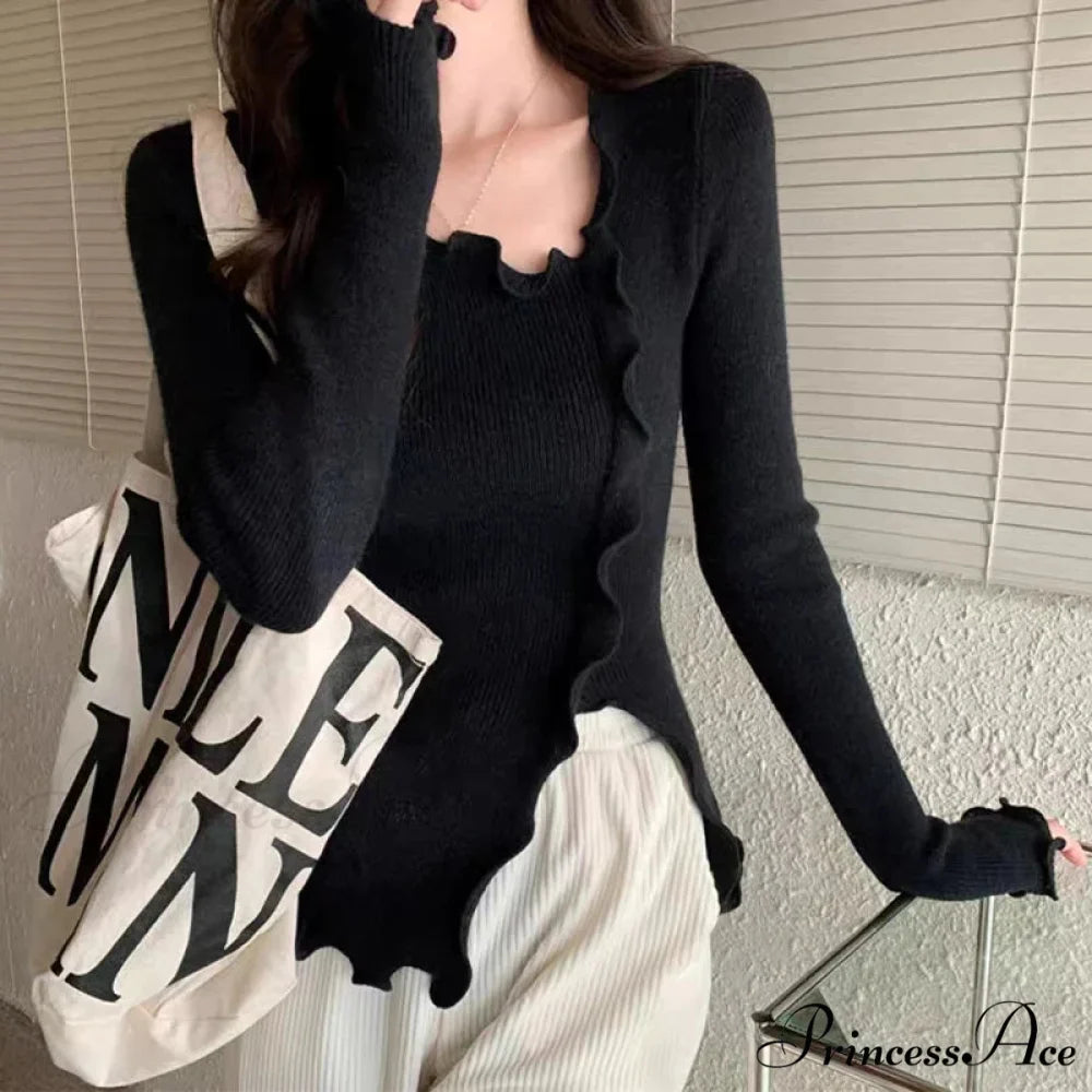 Artistic Irregular Frills Knit Crop Solid Extended Sleeve Knit Top