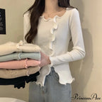 Artistic Irregular Frills Knit Crop Solid Extended Sleeve Knit Top