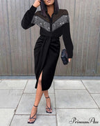 asual V-neck Lace Long Sleeve Elegant Party Dress