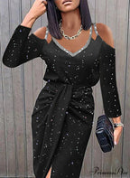 asual V-neck Lace Long Sleeve Elegant Party Dress