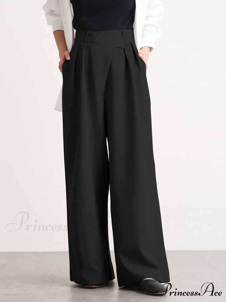 Asymmetric Buttoned Wide Trendy Leg Dress Pants