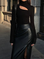 Asymmetric Cut Out Turtleneck Modern Long Sleeve Slinky Top