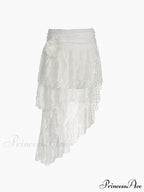 Asymmetric Flower Lace Trendy Ruffles Pleated Long Skirt