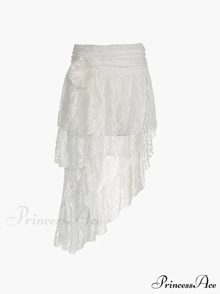 Asymmetric Flower Lace Trendy Ruffles Pleated Long Skirt
