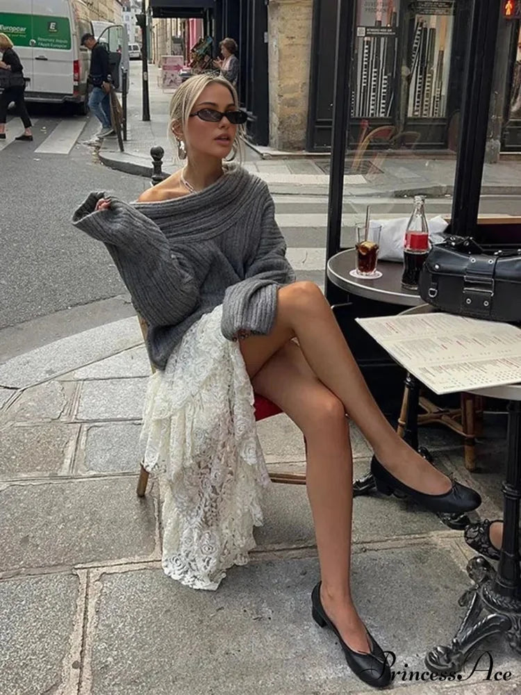 Asymmetric Flower Lace Trendy Ruffles Pleated Long Skirt