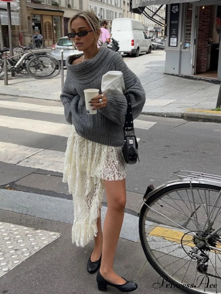 Asymmetric Flower Lace Trendy Ruffles Pleated Long Skirt