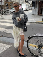 Asymmetric Flower Lace Trendy Ruffles Pleated Long Skirt