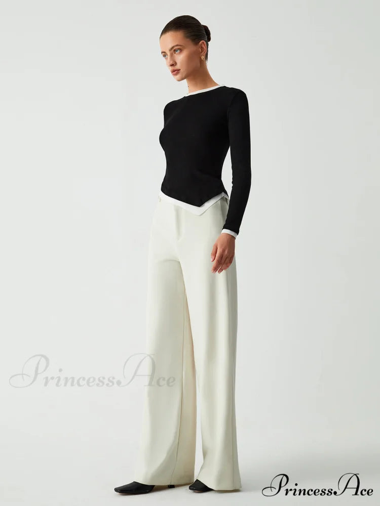 Asymmetric Hem Contrast Trendy Trim Long Sleeve Shirt