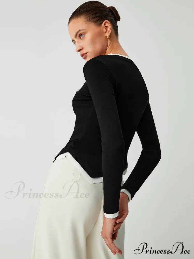 Asymmetric Hem Contrast Trendy Trim Long Sleeve Shirt